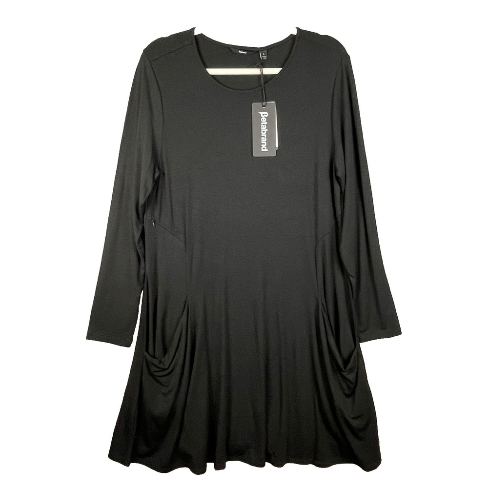 Betabrand Travel Dress Large Black Long Sleeve Silk Blend‎ Security Pockets NEW